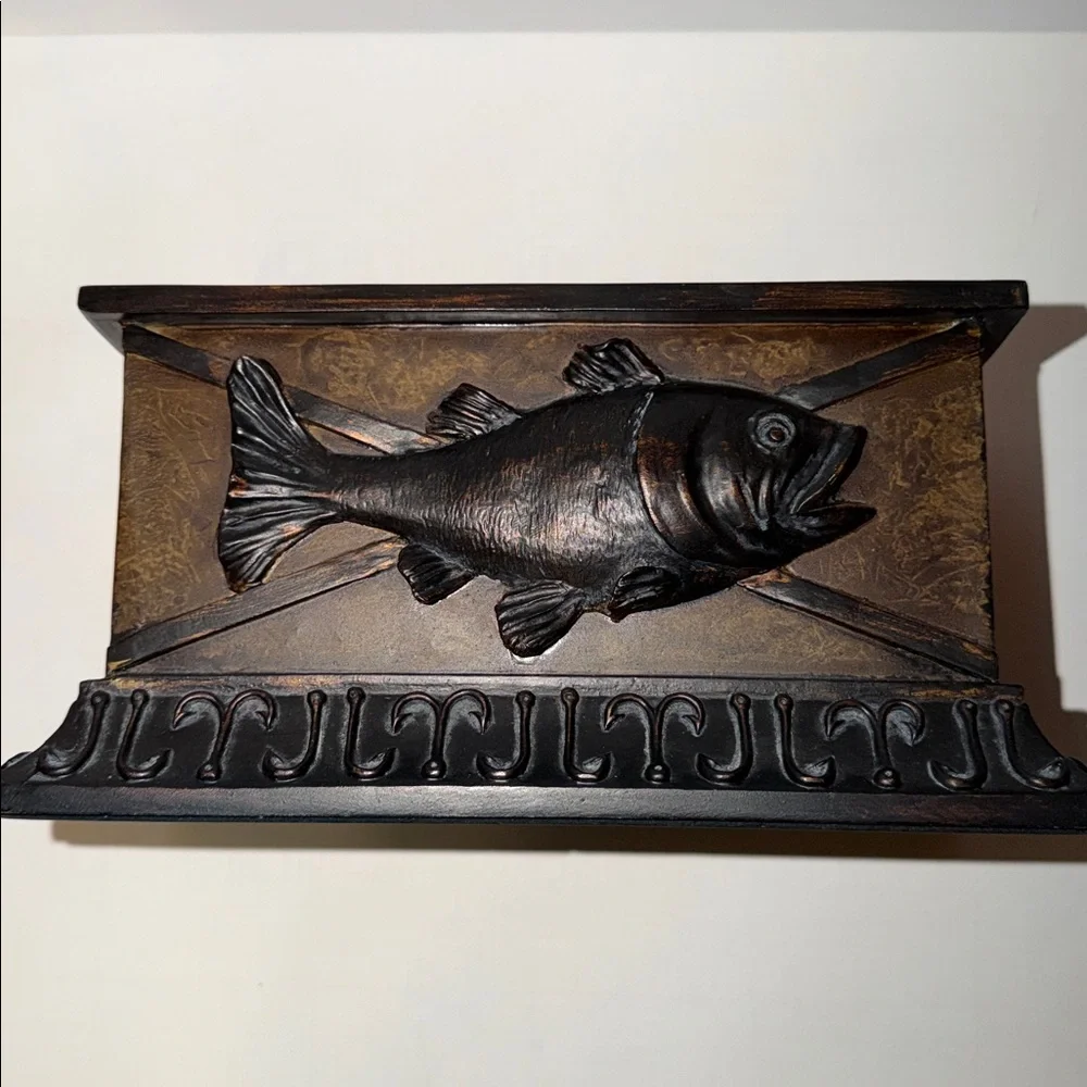 Vintage Decorative Brown Fish Box Featuring a Relief Style Fish Theme. Heavy